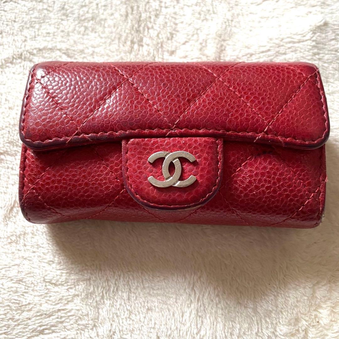 CHANEL レザー キーケース　シャネル　赤　キャビアスキン　マトラッセ CHANEL(シャネル) / マトラッセ/キャビアスキン/カードケース/レザー